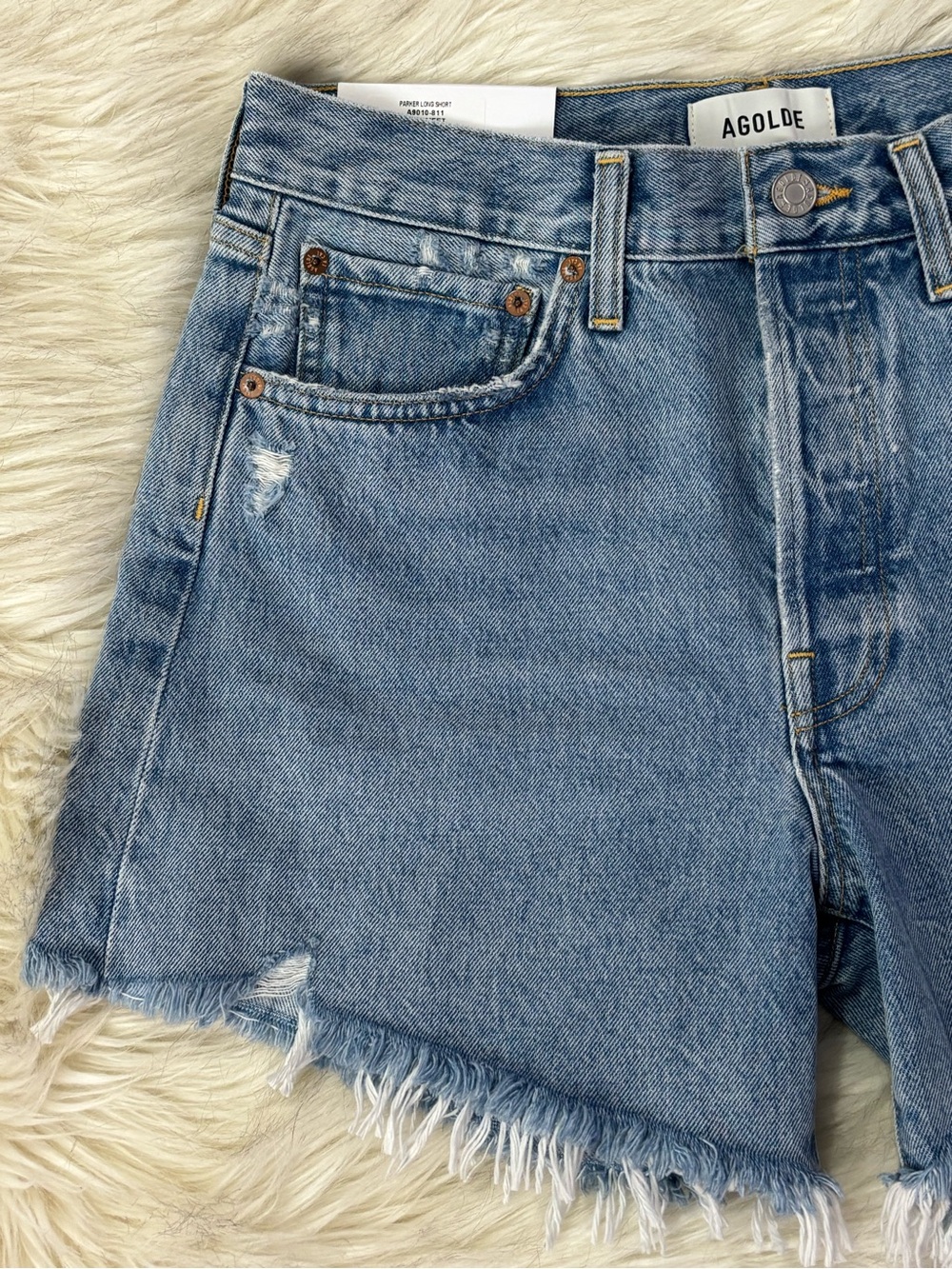 NWT Agolde Parker Long Swapmeet Light Blue Distressed Denim Cutoff Shorts SZ 27 - Picture 11 of 16
